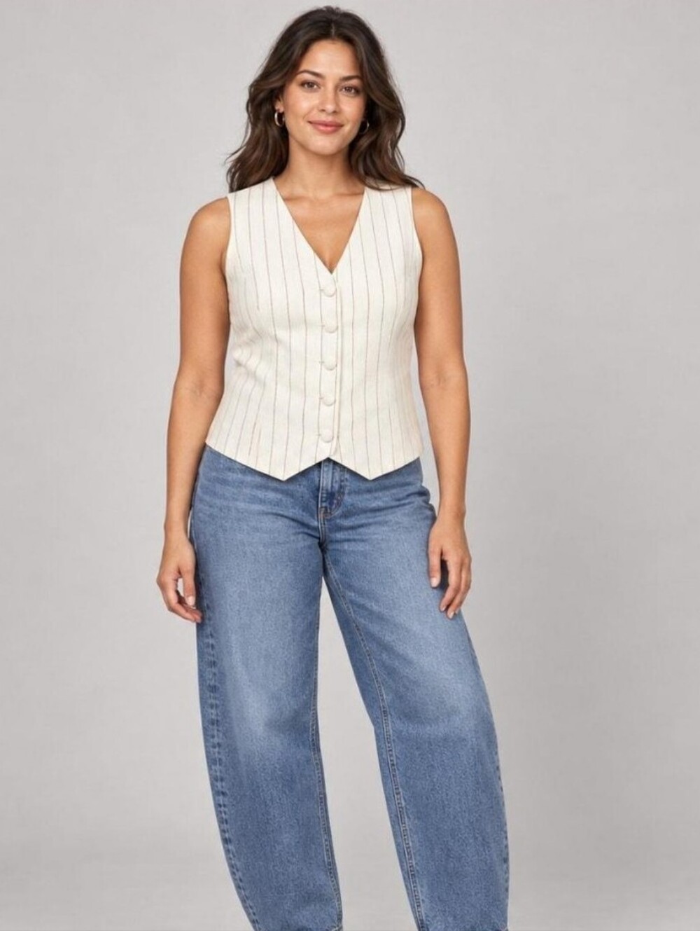 J. Crew Linen Cotton Cream and Tan Pinstriped Button Vest